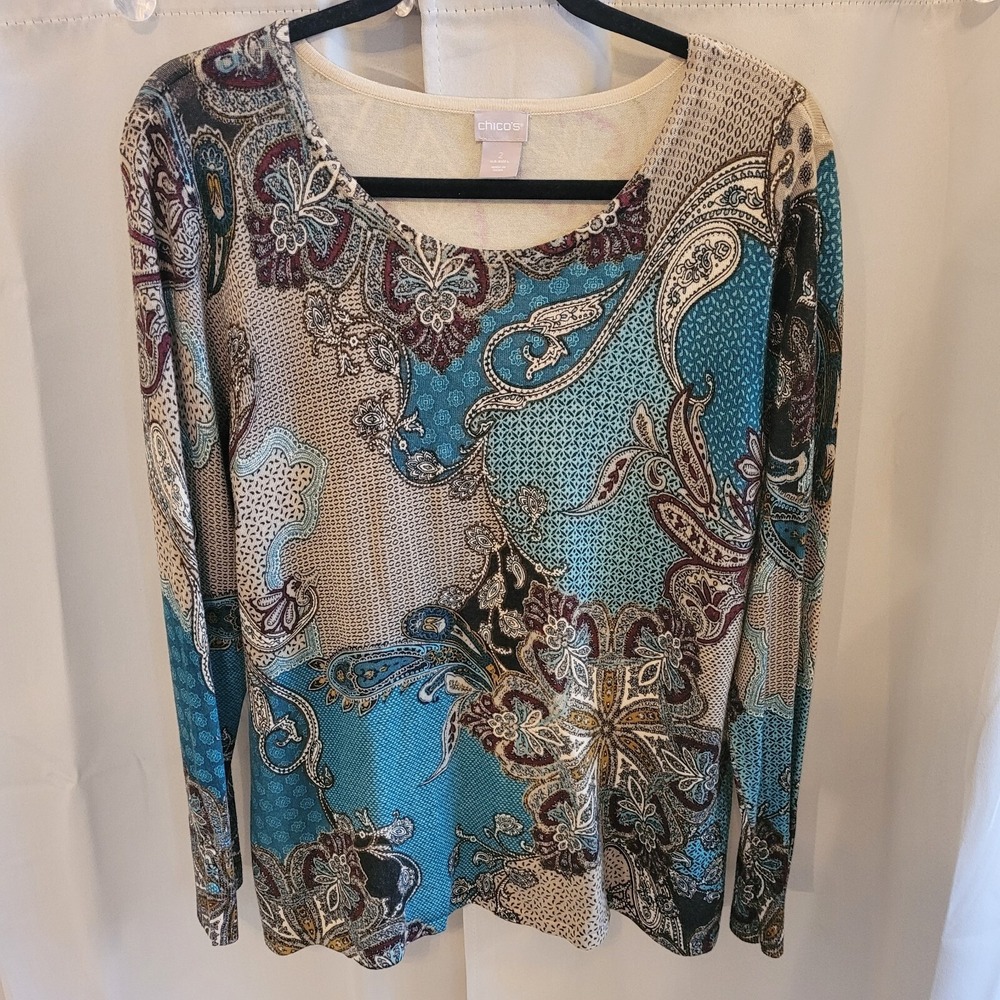 Chicos Womens Sweater Large Blue Boho Long Sleeve Peasant Career Western 16117x